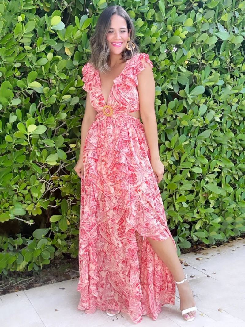 Maxi-jurken Met Bloemen Gelaagde Ruches V-hals Mouwloos Rugloze Split Voorkant Sexy Lange Zomerjurken - Rood