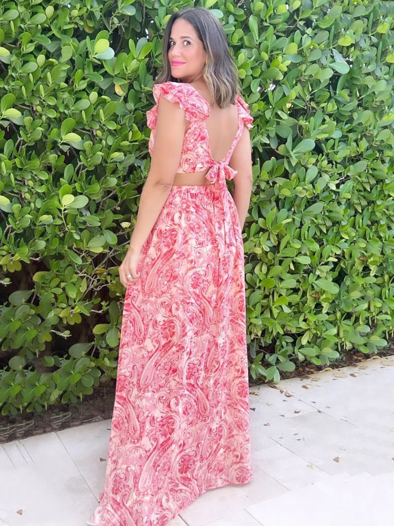 Maxi-jurken Met Bloemen Gelaagde Ruches V-hals Mouwloos Rugloze Split Voorkant Sexy Lange Zomerjurken - Rood