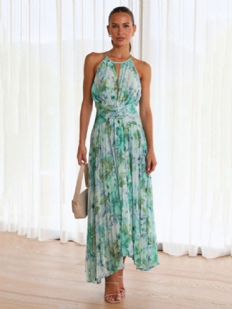 Maxi-jurken Met Print Bloemen Mouwloos Halter Elegante Gelaagde Geplooide Rugloze Lange Zomerjurken