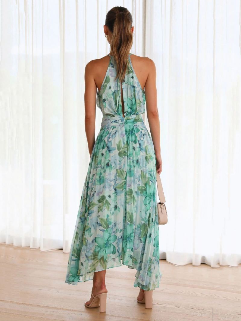 Maxi-jurken Met Print Bloemen Mouwloos Halter Elegante Gelaagde Geplooide Rugloze Lange Zomerjurken - Groente