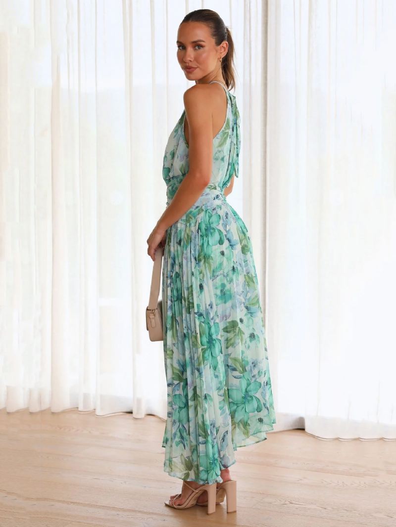 Maxi-jurken Met Print Bloemen Mouwloos Halter Elegante Gelaagde Geplooide Rugloze Lange Zomerjurken - Groente