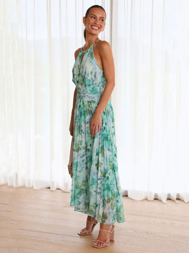 Maxi-jurken Met Print Bloemen Mouwloos Halter Elegante Gelaagde Geplooide Rugloze Lange Zomerjurken - Groente