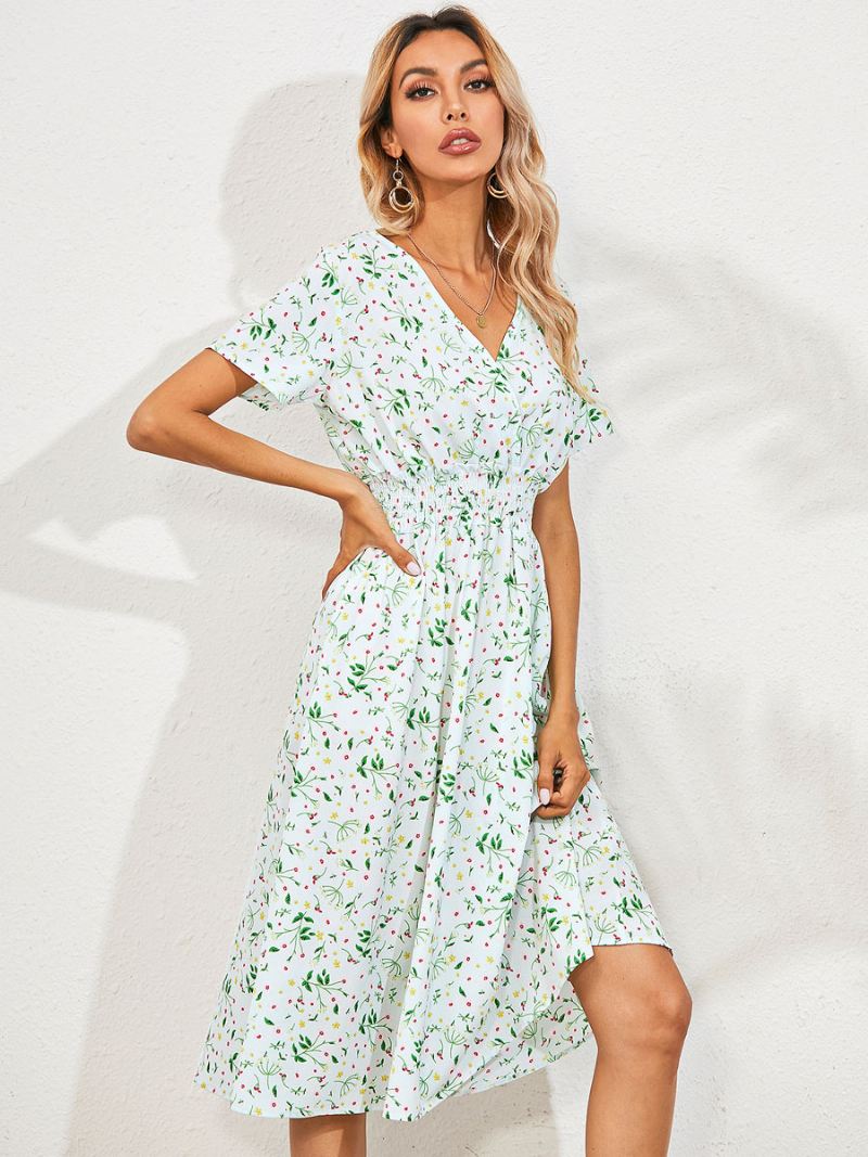 Midi-jurk Dames V-hals Korte Mouwen Bloemenprint Chique Zomerjurk - Lichtgroen