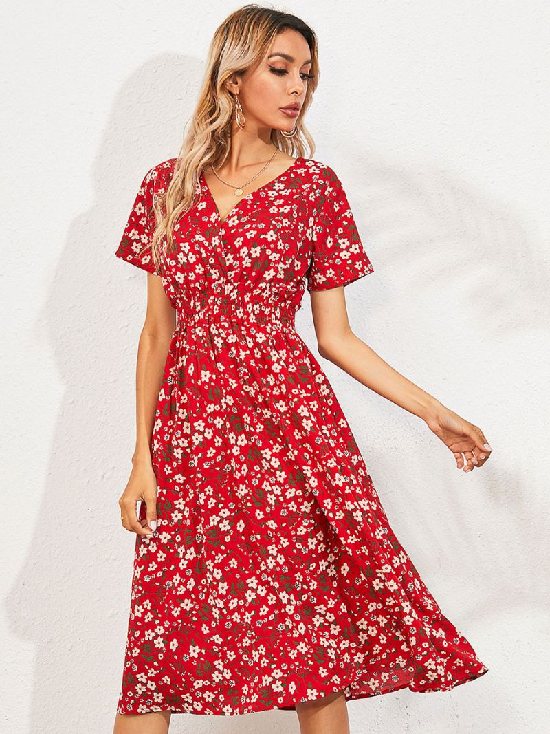 Midi-jurk Dames V-hals Korte Mouwen Bloemenprint Chique Zomerjurk - Rood