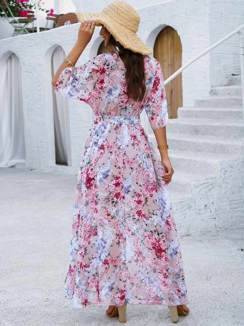 Wikkeljurk Met Print V-hals Riem Halve Mouwen Dames Elegante Casual Maxi-jurken - Roze