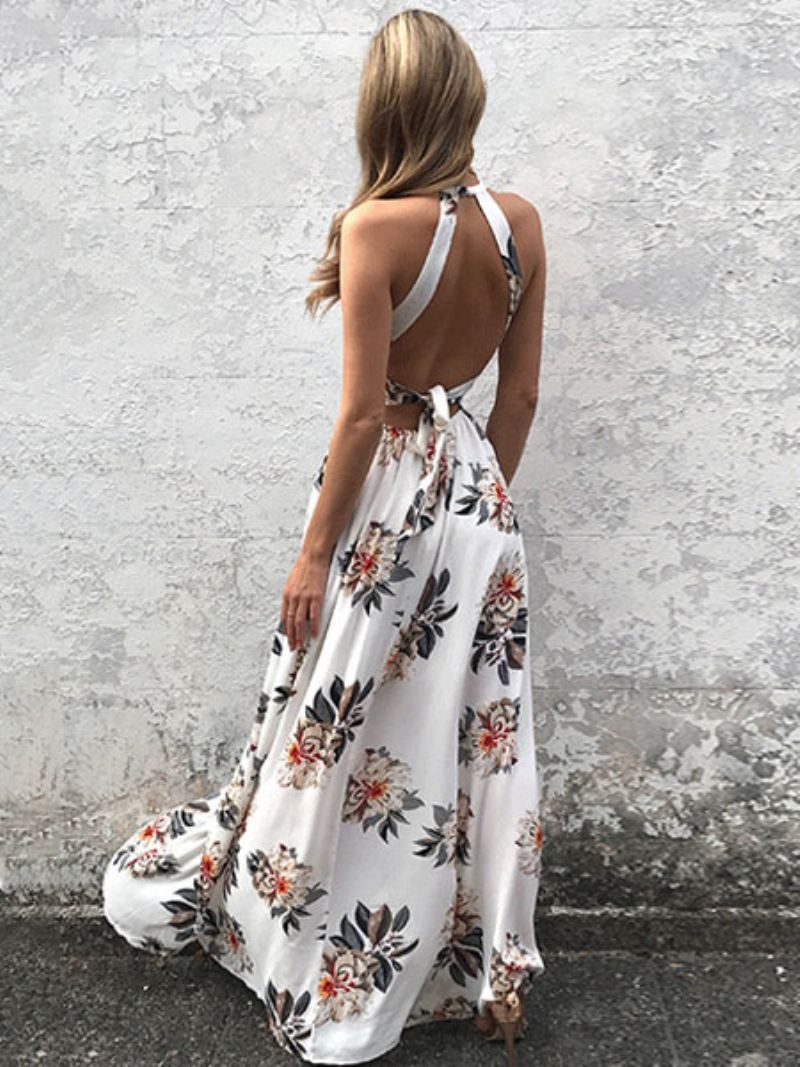 Witte Maxi-jurk Halter Mouwloos Rugloos Bloemenprint Lange Zomerjurk Met Split Dames - Wit