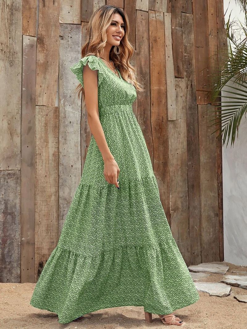 Zomer Maxi-jurken Dames Blauwe Strandjurk Met V-hals Ruches Bloemenprint - Groen