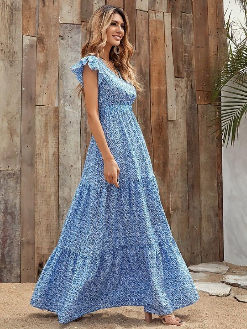 Zomer Maxi-jurken Dames Blauwe Strandjurk Met V-hals Ruches Bloemenprint - Blauw