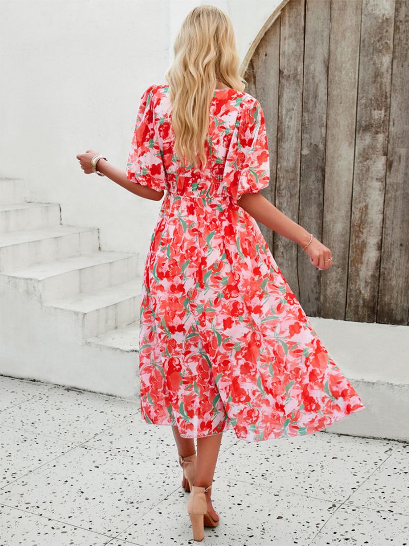 Zomerjurk Dames Bloemenprint Boheemse Midi-jurken Met V-hals - Rood