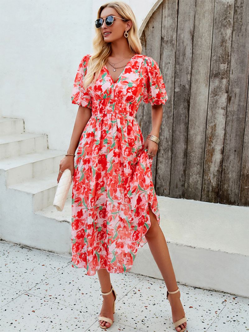 Zomerjurk Dames Bloemenprint Boheemse Midi-jurken Met V-hals - Rood