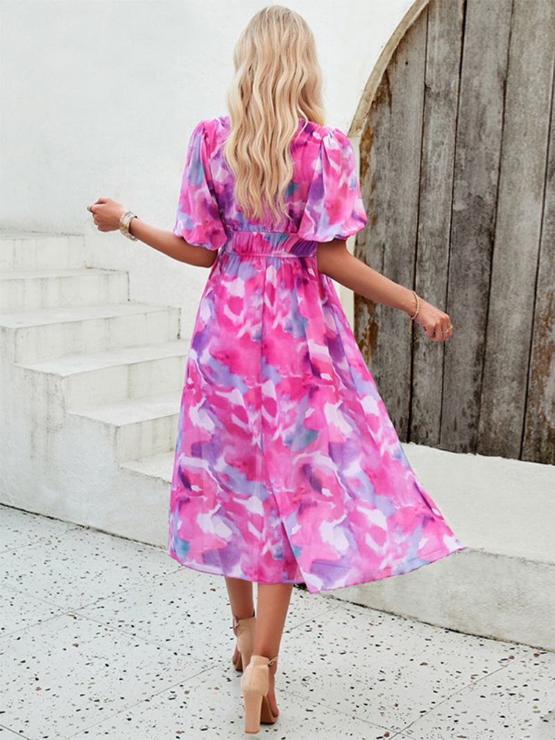 Zomerjurk Dames Bloemenprint Boheemse Midi-jurken Met V-hals - Roze