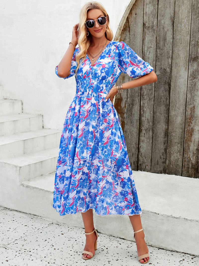 Zomerjurk Dames Bloemenprint Boheemse Midi-jurken Met V-hals - Blauw