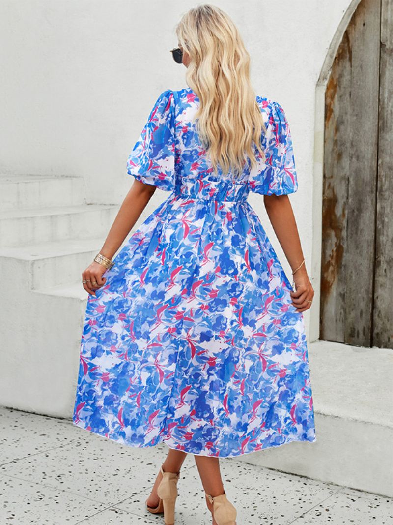 Zomerjurk Dames Bloemenprint Boheemse Midi-jurken Met V-hals - Blauw