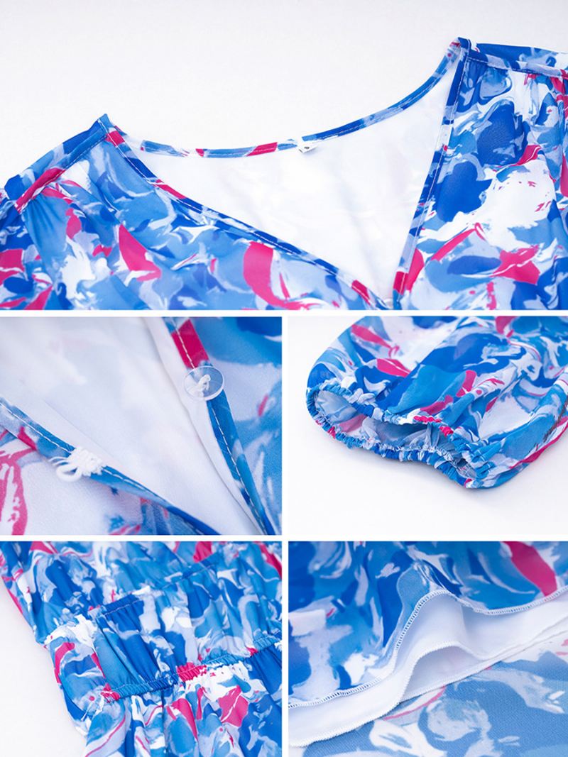 Zomerjurk Dames Bloemenprint Boheemse Midi-jurken Met V-hals - Blauw