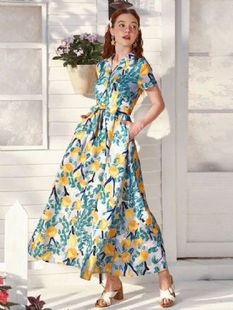 Zomerjurk Dames Bloemenprint V-hals Korte Mouwen Casual Maxi-jurken Met Riem