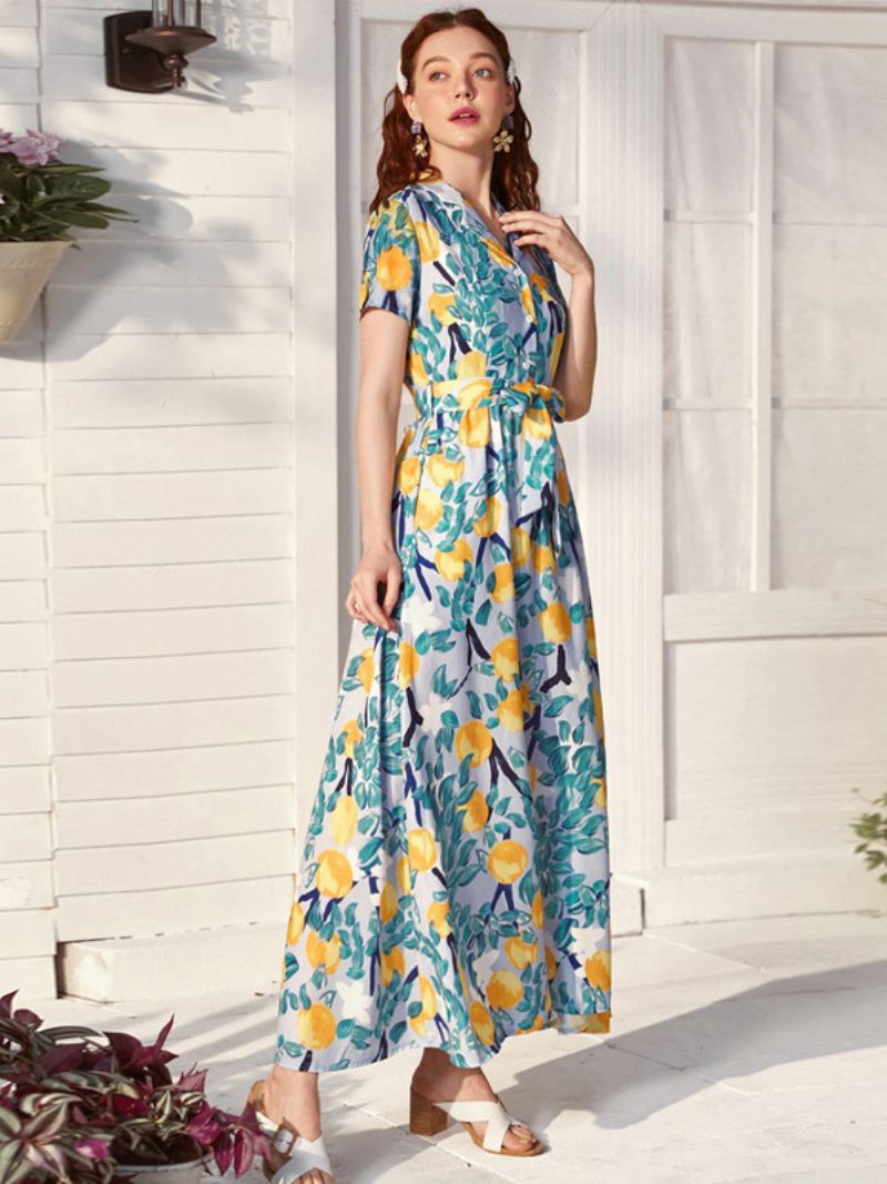 Zomerjurk Dames Bloemenprint V-hals Korte Mouwen Casual Maxi-jurken Met Riem - Licht Hemelsblauw