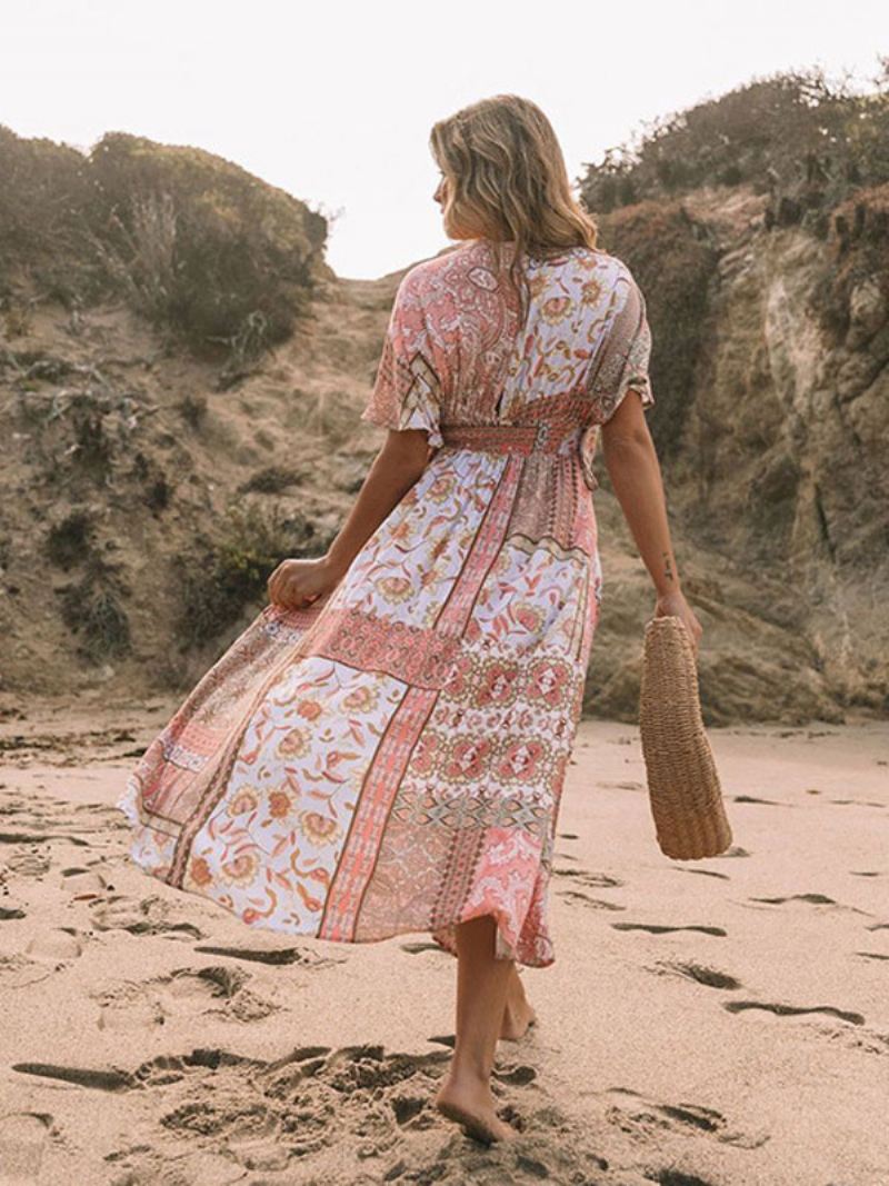 Zomerjurk Dames Cover-ups Roze Strandjurk Met V-hals Bloemenprint - Roze