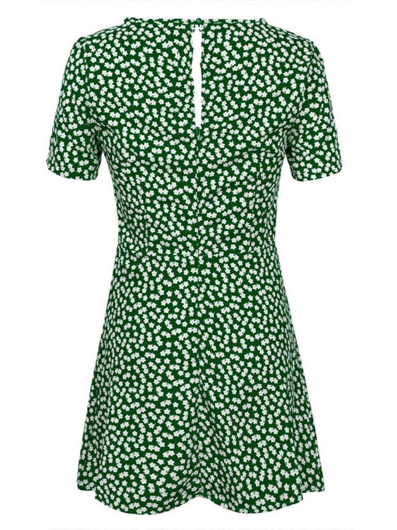 Zomerjurk Dames Met V-hals Korte Strandjurk Bloemenprint Geknoopte Knoop - Groen