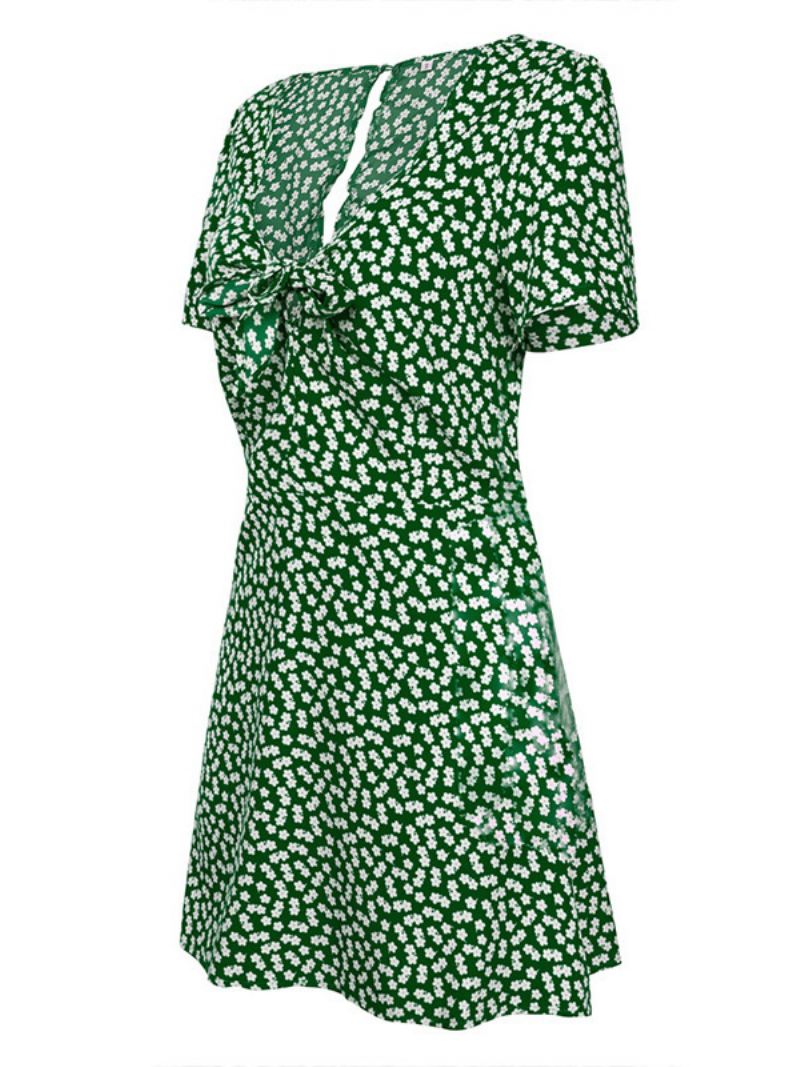 Zomerjurk Dames Met V-hals Korte Strandjurk Bloemenprint Geknoopte Knoop - Groen