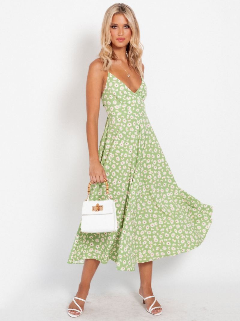 Zonnebloem-zomerjurken Dames Strand-swingjurk Met Bloemenprint - Grasgroen