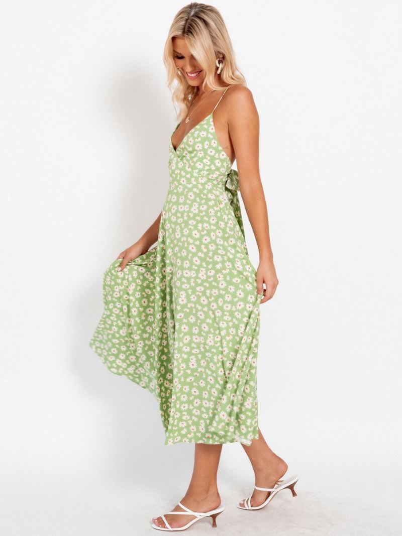 Zonnebloem-zomerjurken Dames Strand-swingjurk Met Bloemenprint - Grasgroen