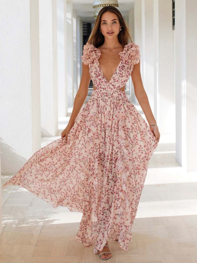 Zwierige Bloemenjurk Dames Diep Uitgesneden Maxi-boho-jurken Met Hoge Split Rug - Roze