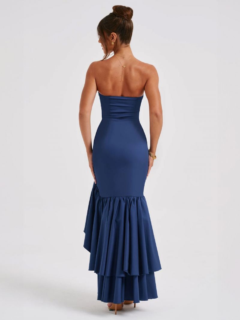 Blauwe Galajurk Dames Off-shoulder Ruches Asymmetrische Elegante Maxi-jurken - Blauw