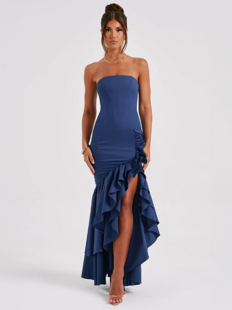 Blauwe Galajurk Dames Off-shoulder Ruches Asymmetrische Elegante Maxi-jurken - Blauw