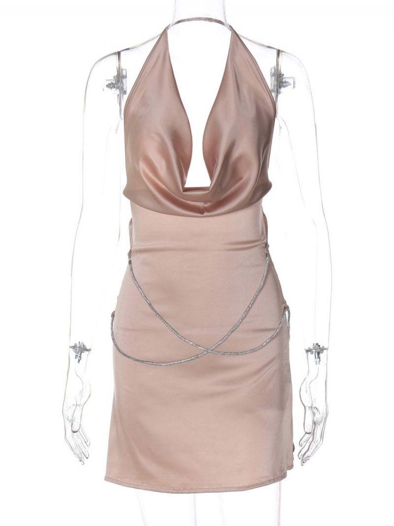 Bodycon-jurken Dames Champagne Mouwloze Kettingen Chique Col Gelaagde Midi-jurk Schede-jurk - Champagne