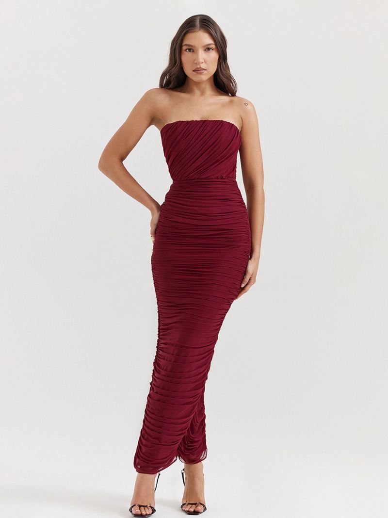 Dames Bodyconjurken Bordeaux Strapless Geplooide Elegante Mouwloze Kokerjurk