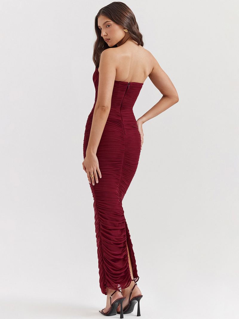 Dames Bodyconjurken Bordeaux Strapless Geplooide Elegante Mouwloze Kokerjurk - Bourgondië