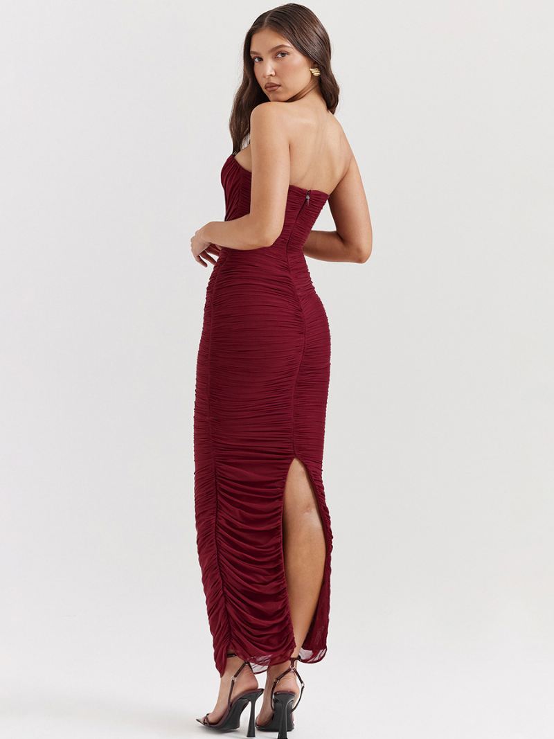 Dames Bodyconjurken Bordeaux Strapless Geplooide Elegante Mouwloze Kokerjurk - Bourgondië