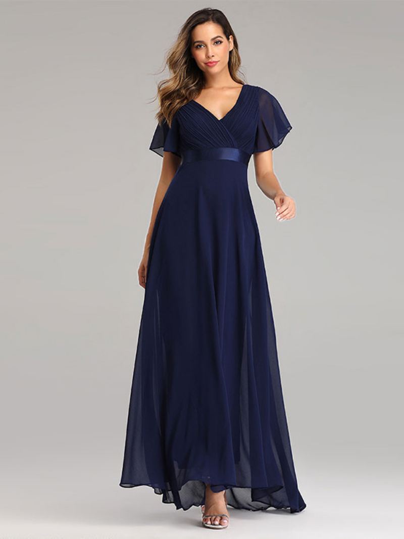 Dames Chiffon Galajurken Met V-hals Korte Mouwen Semi-formele Maxi-jurk - Donker Marineblauw