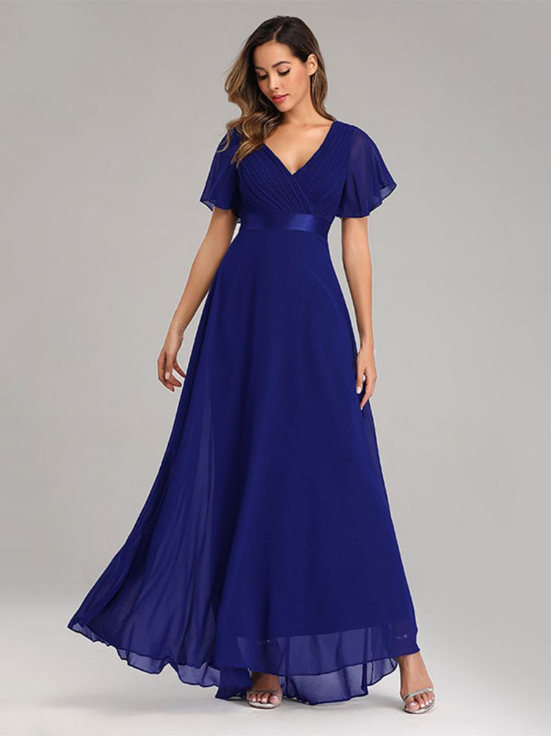 Dames Chiffon Galajurken Met V-hals Korte Mouwen Semi-formele Maxi-jurk - Blauw