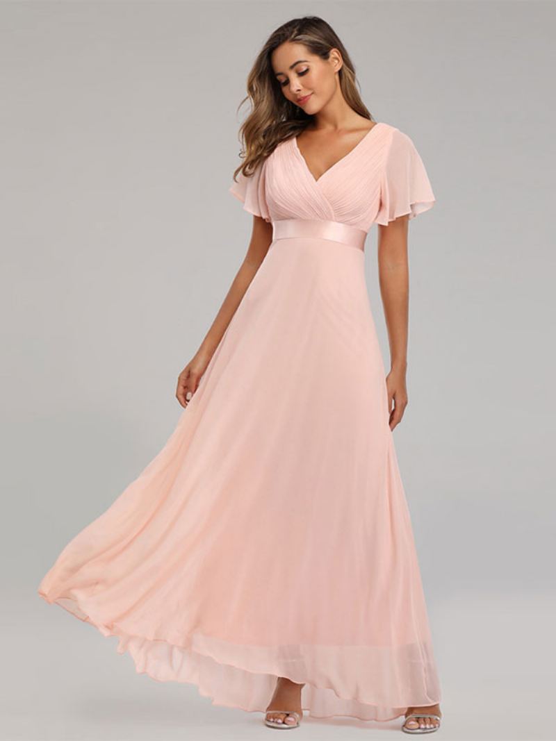 Dames Chiffon Galajurken Met V-hals Korte Mouwen Semi-formele Maxi-jurk - Roze