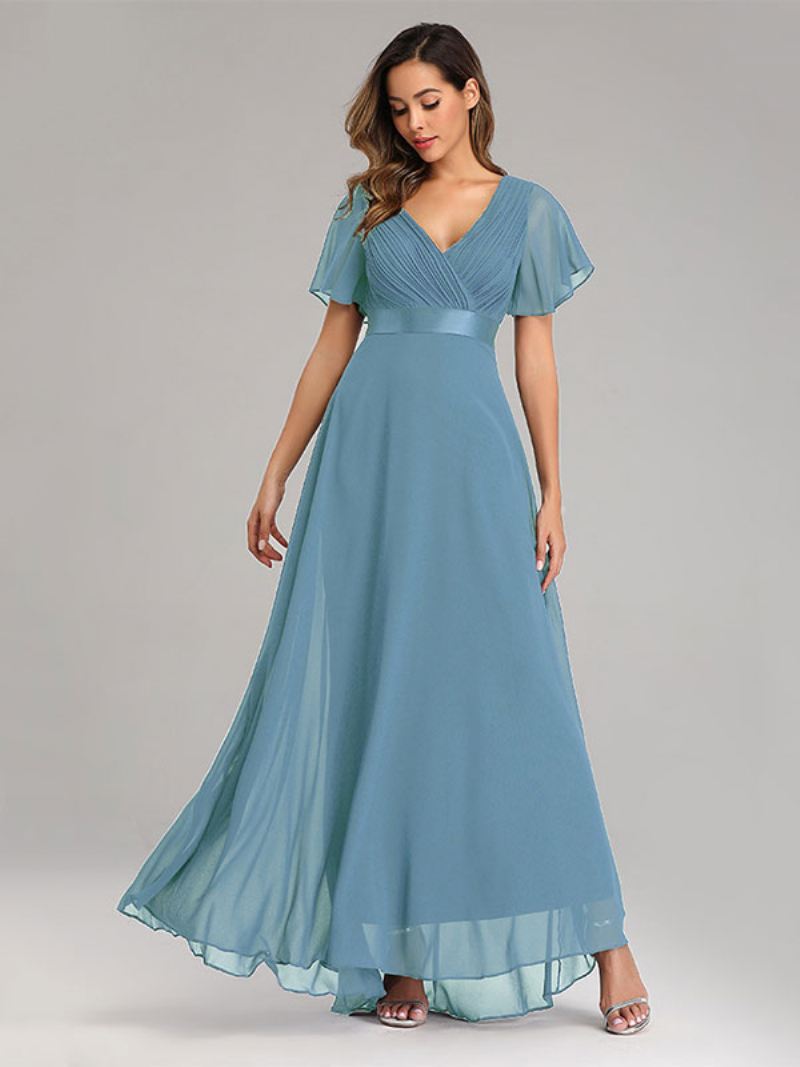 Dames Chiffon Galajurken Met V-hals Korte Mouwen Semi-formele Maxi-jurk - Aqua