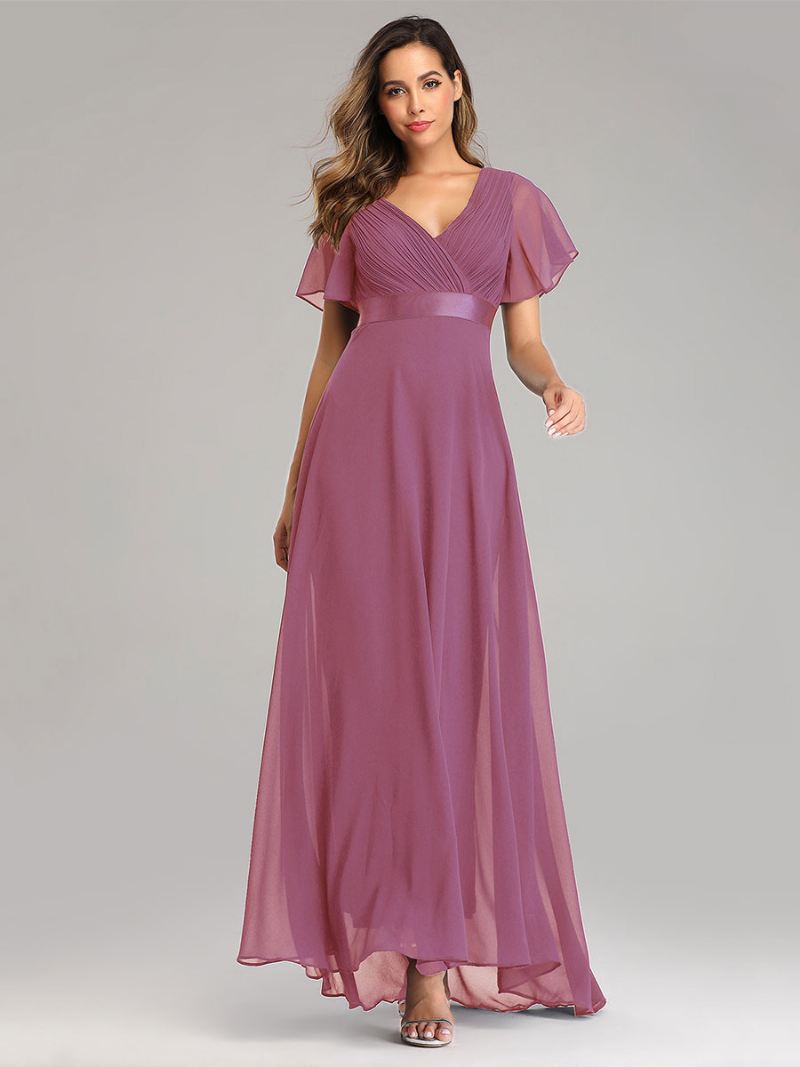 Dames Chiffon Galajurken Met V-hals Korte Mouwen Semi-formele Maxi-jurk - Lotusroze