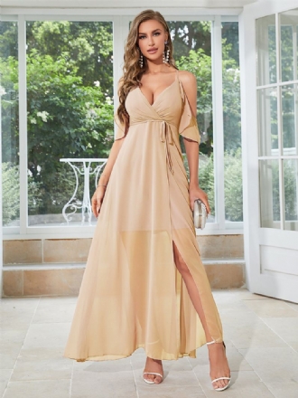 Dames Chiffon Lange Jurk V-hals Koude Schouder Sexy Maxi-jurken