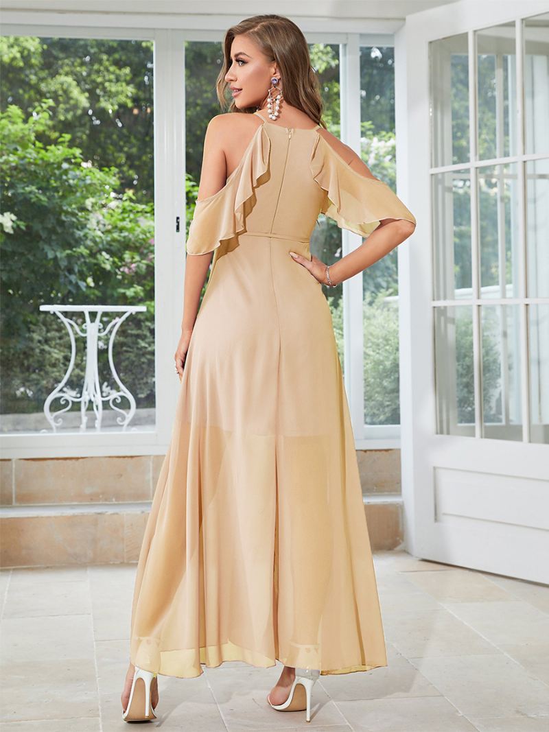 Dames Chiffon Lange Jurk V-hals Koude Schouder Sexy Maxi-jurken - Lichtgeel