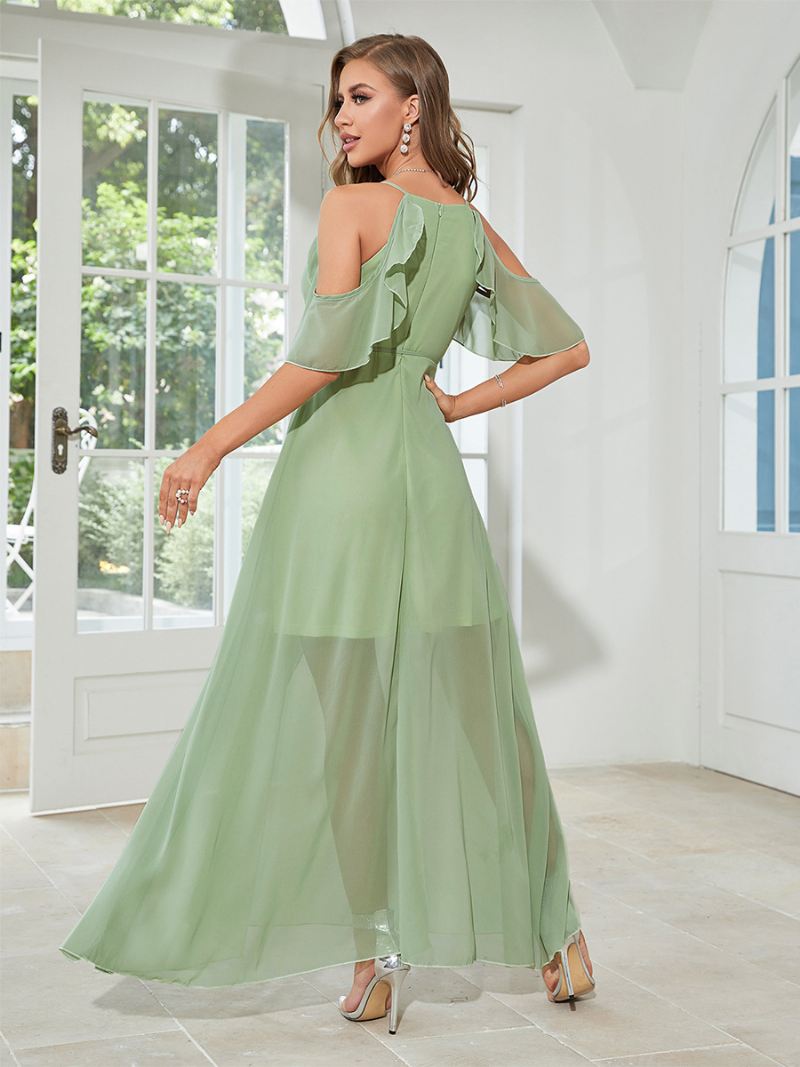 Dames Chiffon Lange Jurk V-hals Koude Schouder Sexy Maxi-jurken - Groen