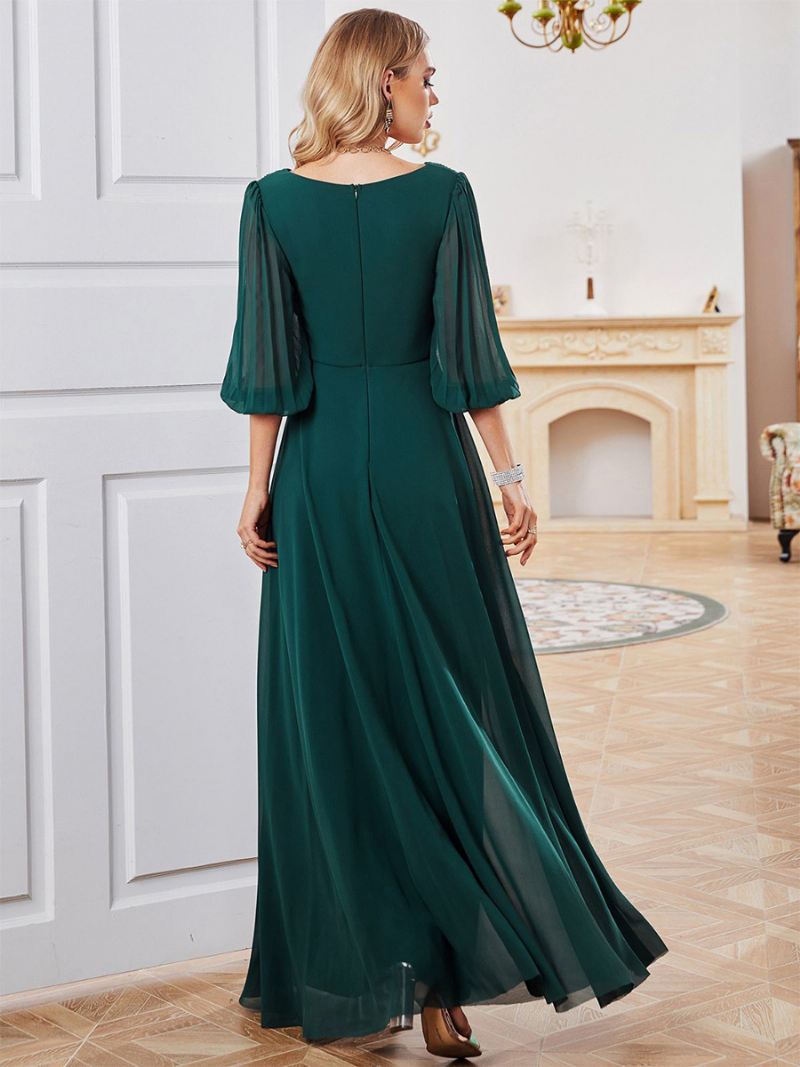 Dames Donkergroene Jurk Chiffon Halve Mouwen Empire Taille Gala Maxi-jurken - Donkergroen