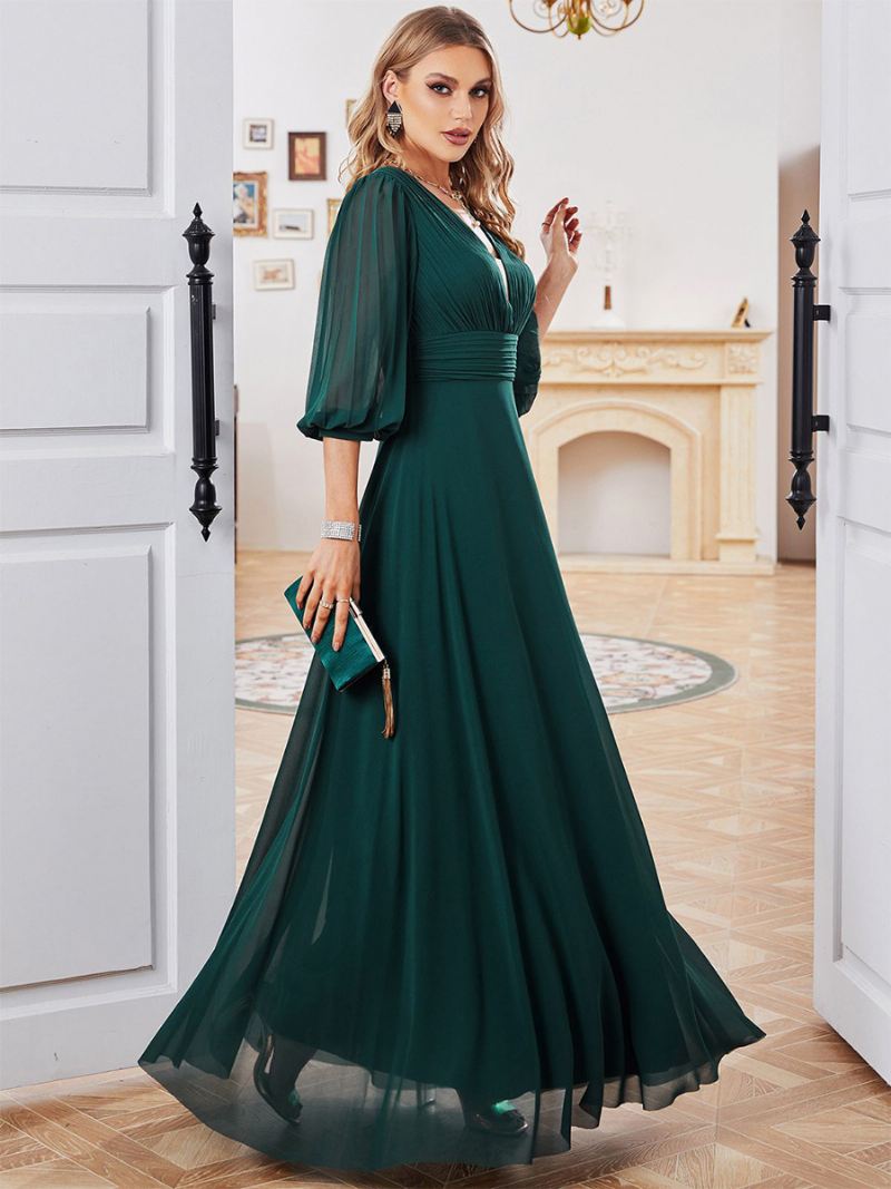 Dames Donkergroene Jurk Chiffon Halve Mouwen Empire Taille Gala Maxi-jurken - Donkergroen