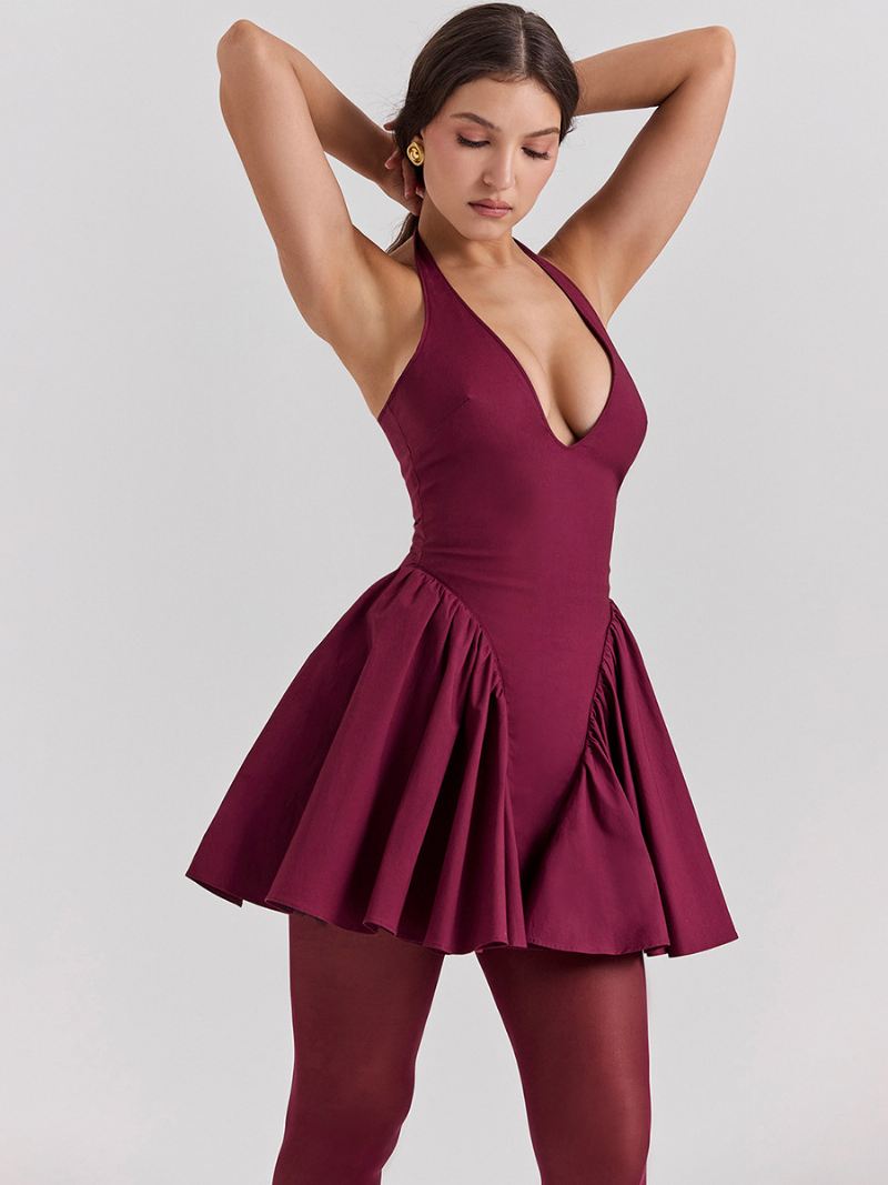 Dames Feestjurken Bordeaux Halter Ruches Mouwloze Onregelmatige Semi-formele Jurk - Bordeauxrood