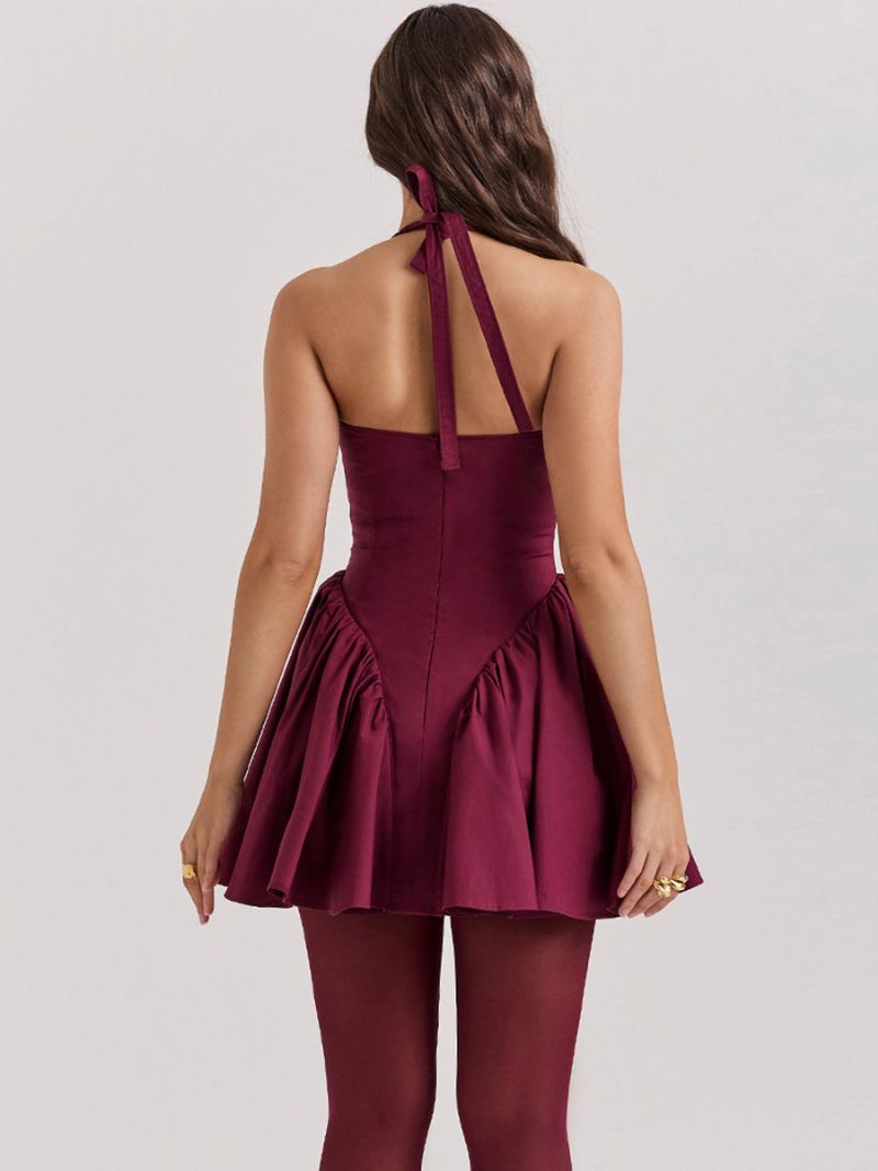 Dames Feestjurken Bordeaux Halter Ruches Mouwloze Onregelmatige Semi-formele Jurk - Bordeauxrood