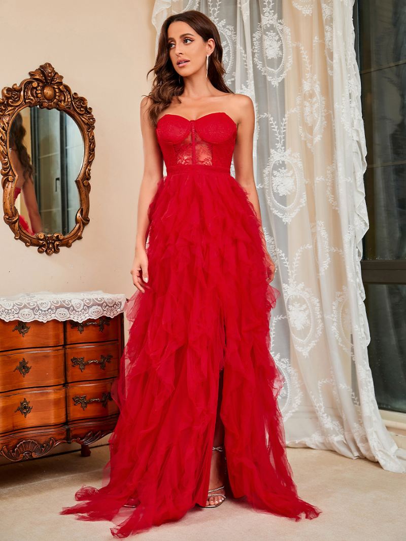 Dames Maxi-jurk Met Ruches Strapless Mouwloze Klassieke Jurken Verjaardagsfeesten - Rood