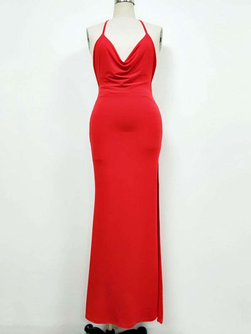 Dames Sexy Maxi Halter Avondjurk Backless Split Verjaardagsfeestje Slipdress - Rood