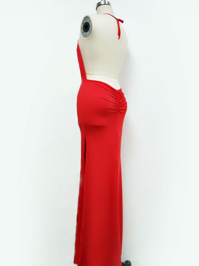 Dames Sexy Maxi Halter Avondjurk Backless Split Verjaardagsfeestje Slipdress - Rood