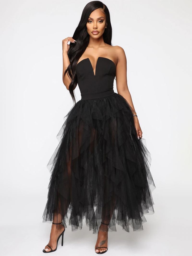 Dames Tule Jurk Off-the-shoulder V-hals Backless Galafeest Maxi-jurken - Zwart