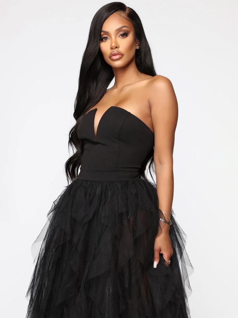 Dames Tule Jurk Off-the-shoulder V-hals Backless Galafeest Maxi-jurken - Zwart