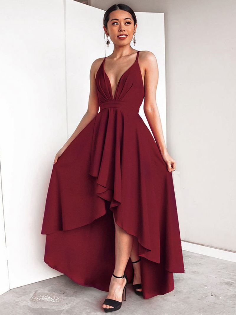 Dames Verjaardagsjurk Mouwloos Decolleté Backless Hoog Laag Bordeaux Lange Prom-jurk